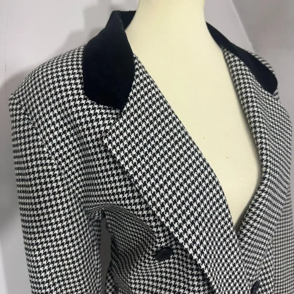 Vintage Womens Houndstooth Double Breasted Blazer Sz L Preppy Old Money Velvet - Picture 5 of 8